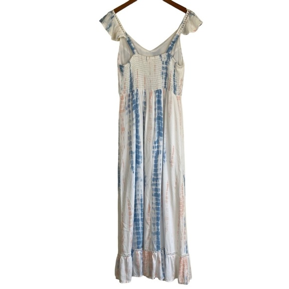 JAPNA Tie Dye Smocked Crochet Maxi Dress Ruffled Cap Sleeves White/Blue/Pink M - Picture 8 of 15